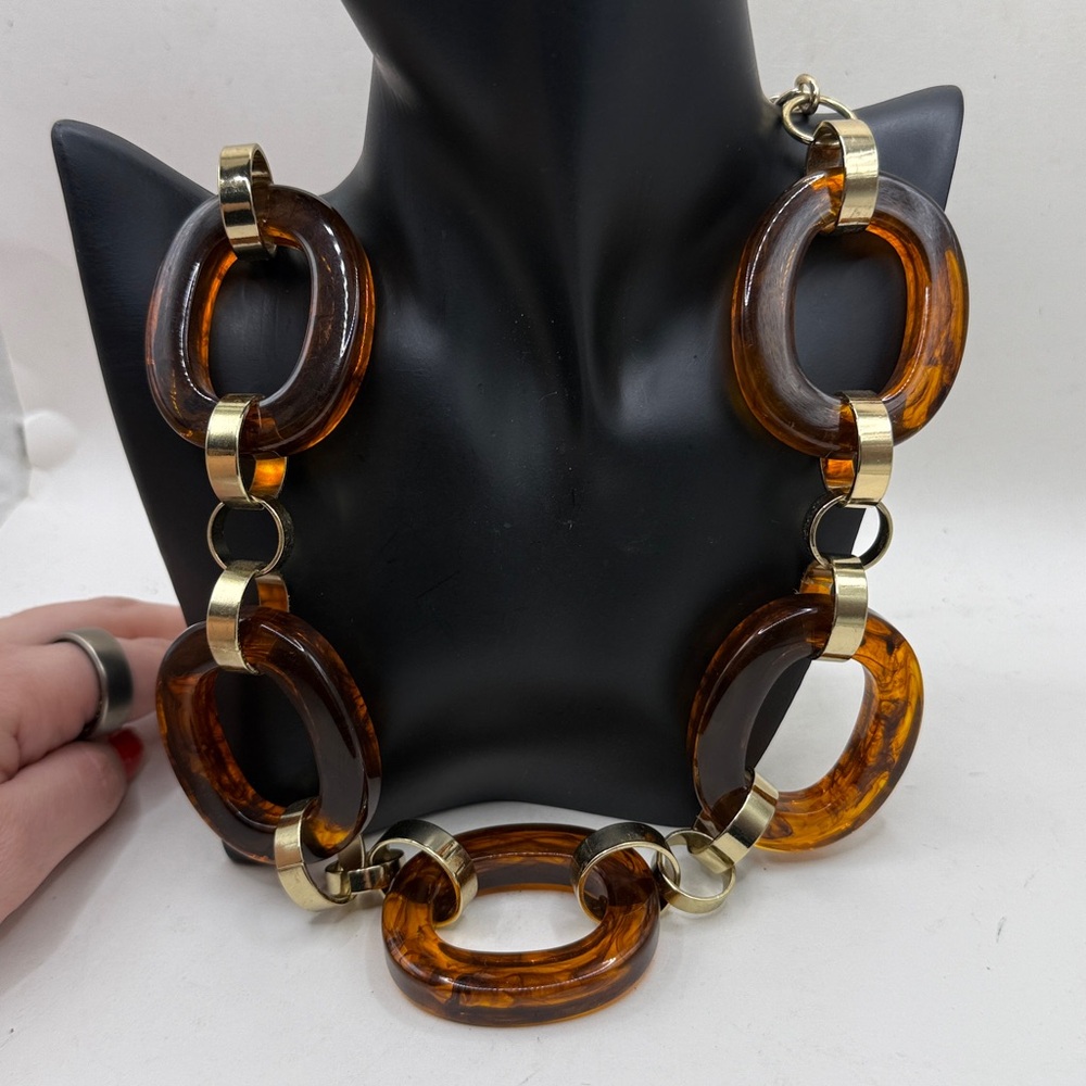 Vintage Tortoise Shell Link Necklace Resin Chain Silver Tone 80s 90s Statement